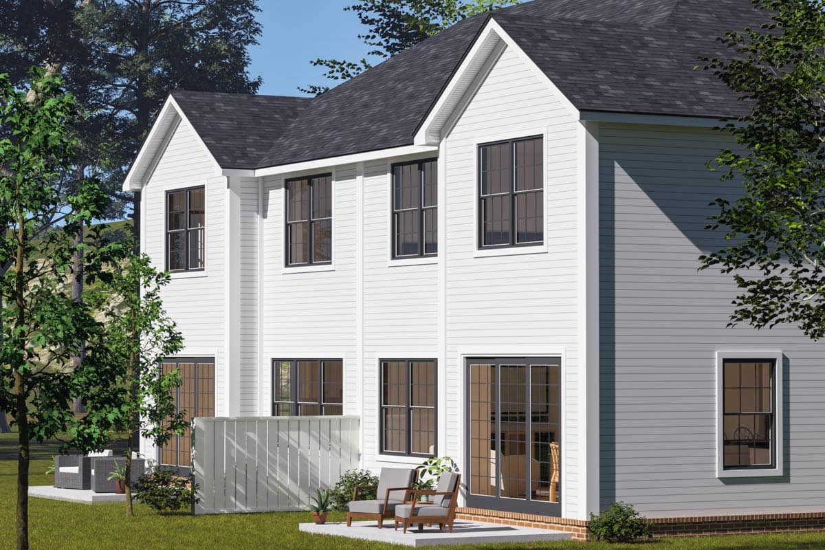 House plan exterior: Two-story modern home with gables, white siding, multiple windows, and a sliding glass door.