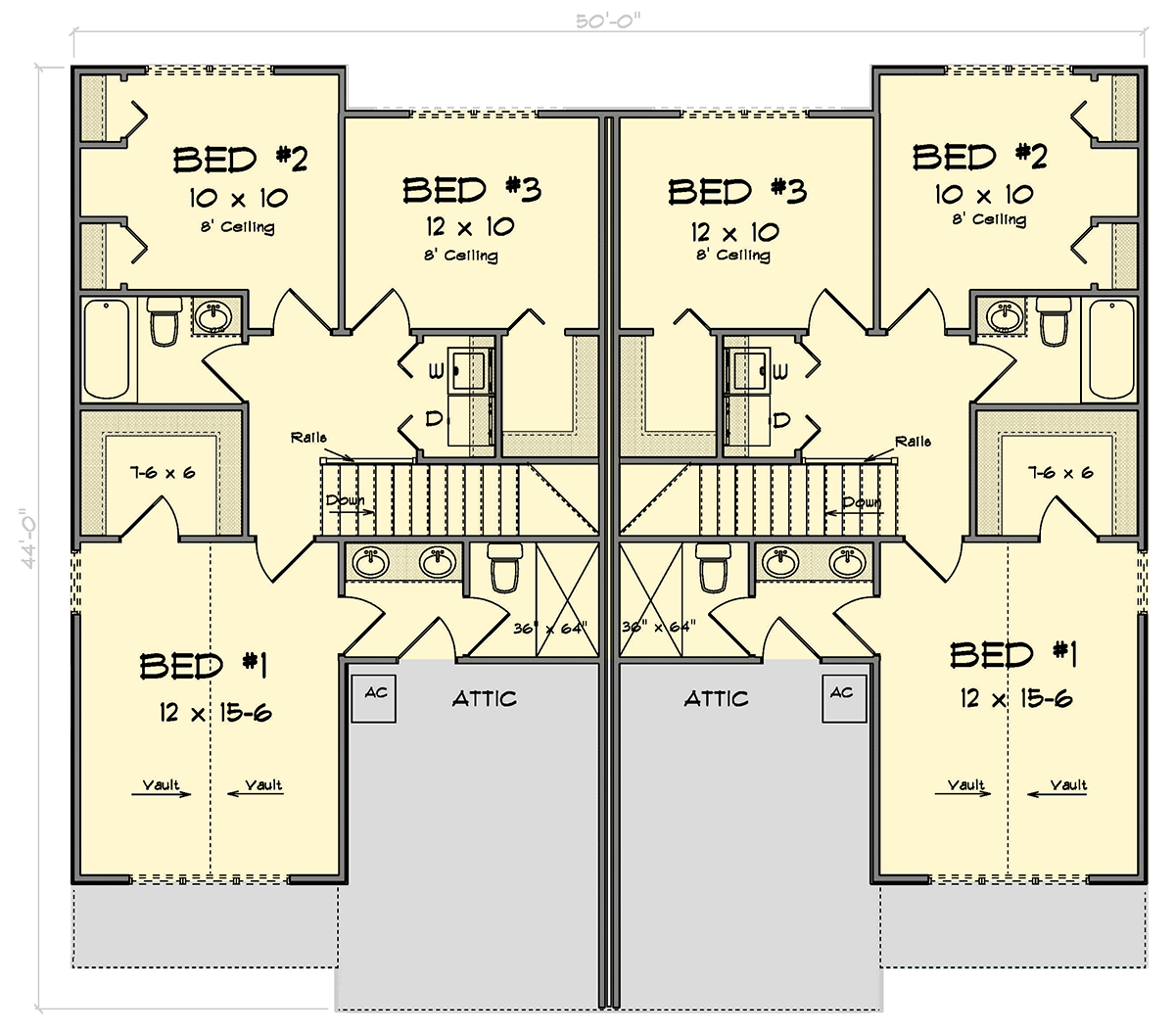 Plan 52433WM: Two-Story Multi-Family House Plan with Second Story Master - 1491 Sq Ft Per Unit - Floor Plan - 2nd Floor - Craftsman, Traditional
