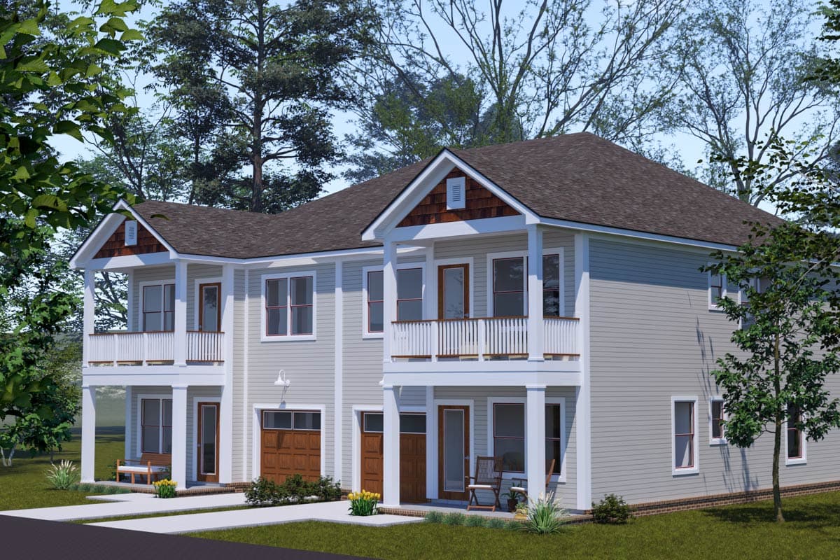 Two-story Modern Farmhouse exterior with front porches, gables, siding, and attached garage.