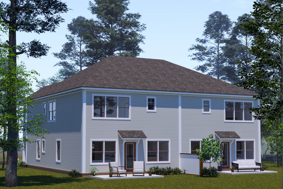 House plan exterior, two stories, light gray siding, dark roof, two small covered entryways with doors, patio areas, and multiple windows.