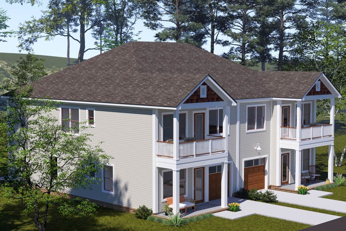 House plan exterior: two-story, light gray siding, dual front porches, gabled dormers, and attached garage.