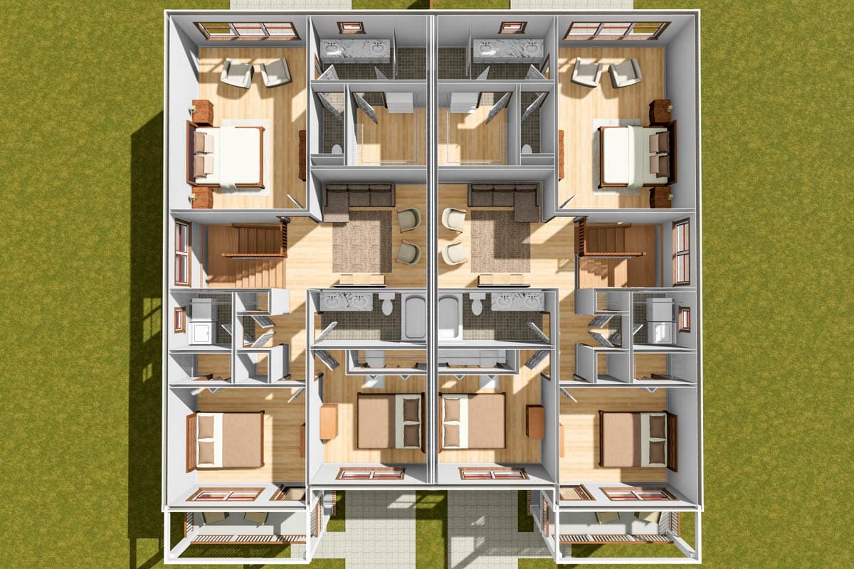 Plan 52434WM: Two-Story Traditional Duplex House Plan with Loft Under 2000 Sq Ft Per Unit - Image #9 - New American, Traditional