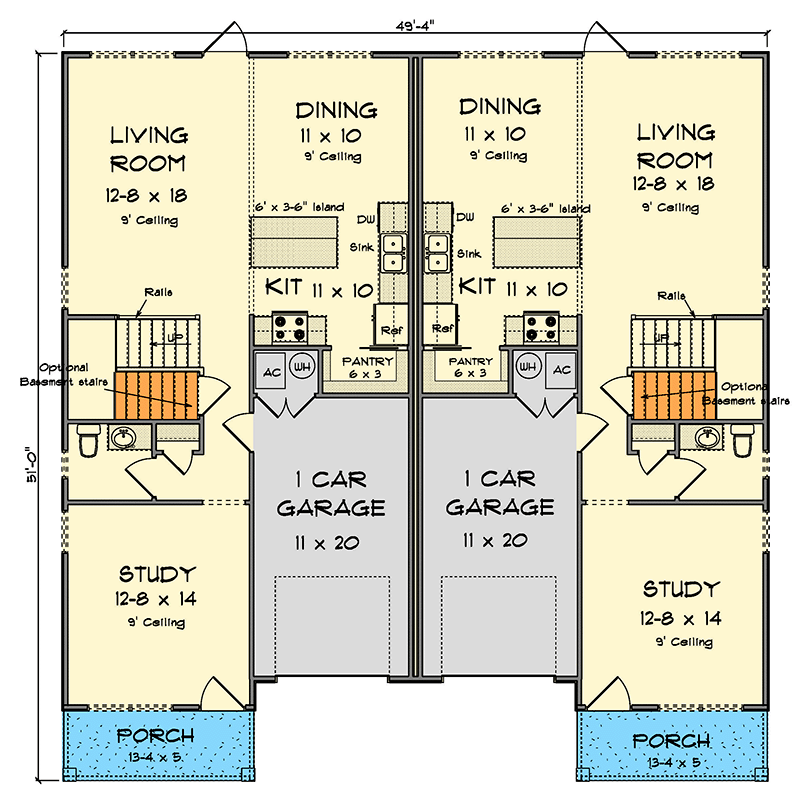 Plan 52434WM: Two-Story Traditional Duplex House Plan with Loft Under 2000 Sq Ft Per Unit - Floor Plan - Main Level - New American, Traditional