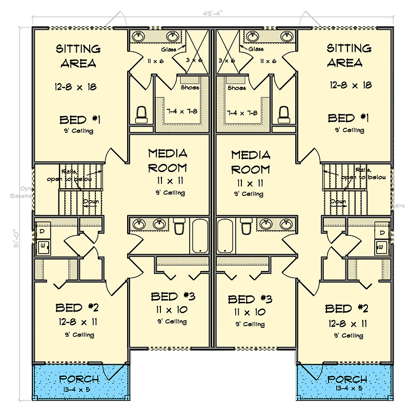 Plan 52434WM: Two-Story Traditional Duplex House Plan with Loft Under 2000 Sq Ft Per Unit - Floor Plan - 2nd Floor - New American, Traditional