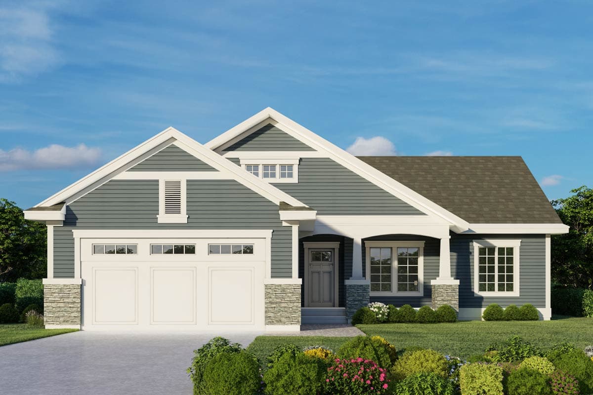 House plan exterior featuring Craftsman-style elements, with a gable roof, two-car garage, and a covered front porch with stone columns.