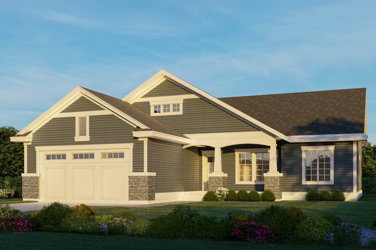Modern Farmhouse style house plan exterior with two-car garage, gabled dormer, arched porch, and stone accents.