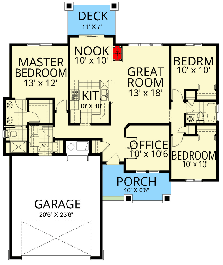 Plan 267079SPK: 3-Bed Traditional Ranch House Plan with Home Office - 1424 Sq Ft - Floor Plan - Main Level - Country, Craftsman, Ranch, Traditional
