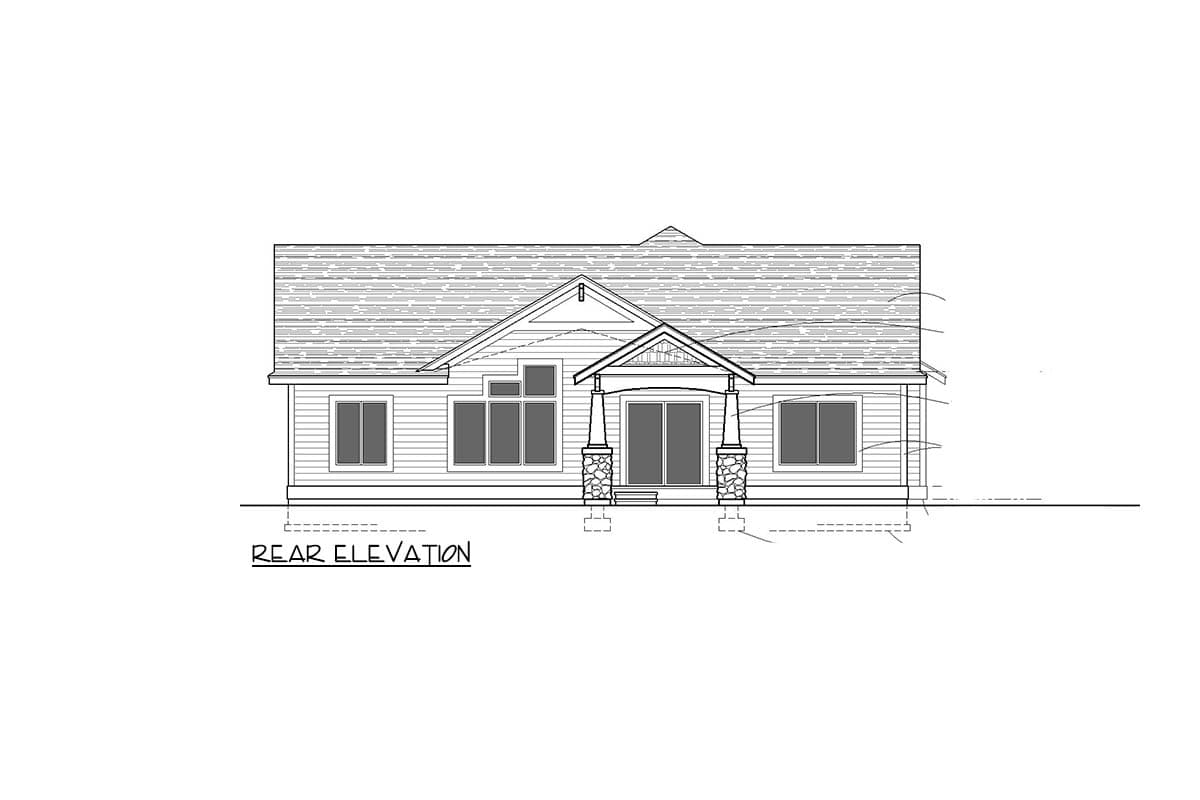 Rear elevation drawing of a single-story house plan with a covered entry supported by stone pillars, gabled roofline, and multiple windows.