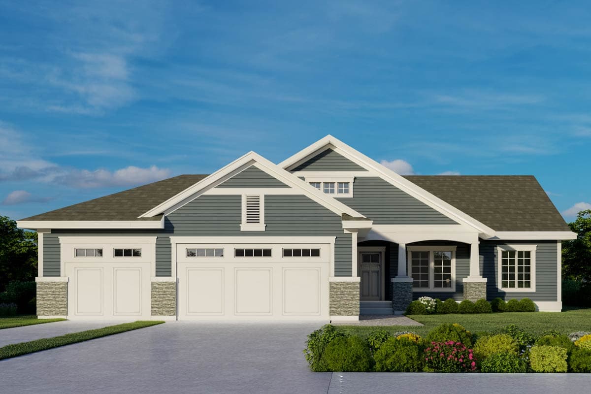 House plan exterior with two-car garage, gable roof, and Craftsman-style columns supporting the front porch.