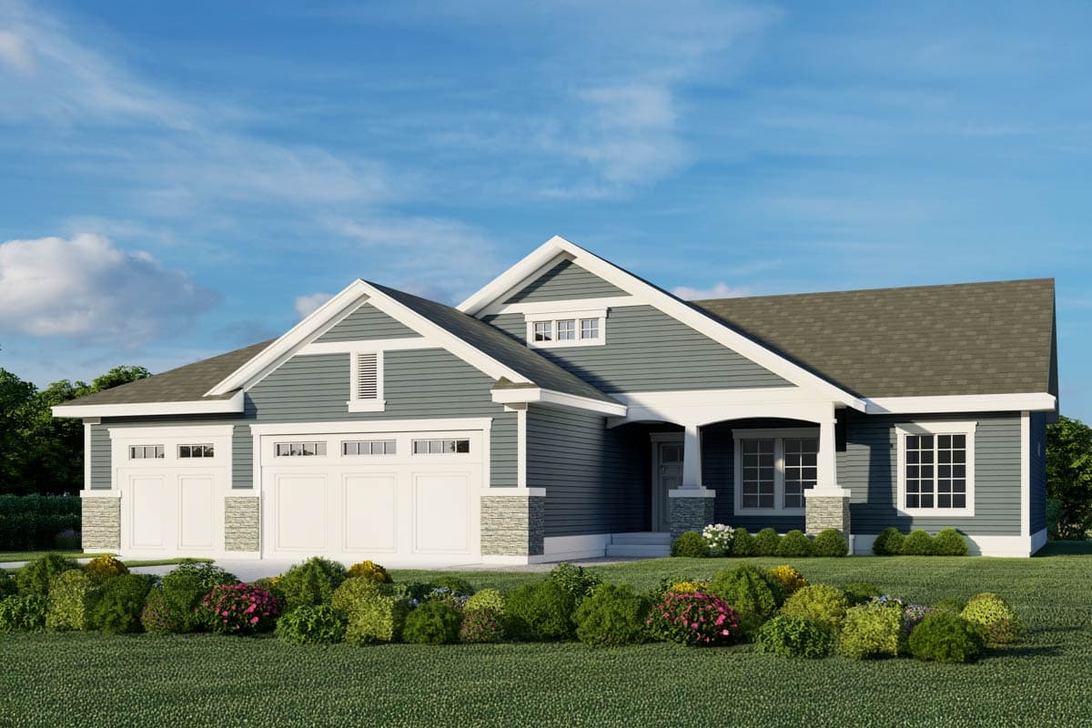 Modern Farmhouse style house plan exterior with a three-car garage, prominent gables, and stone accents.