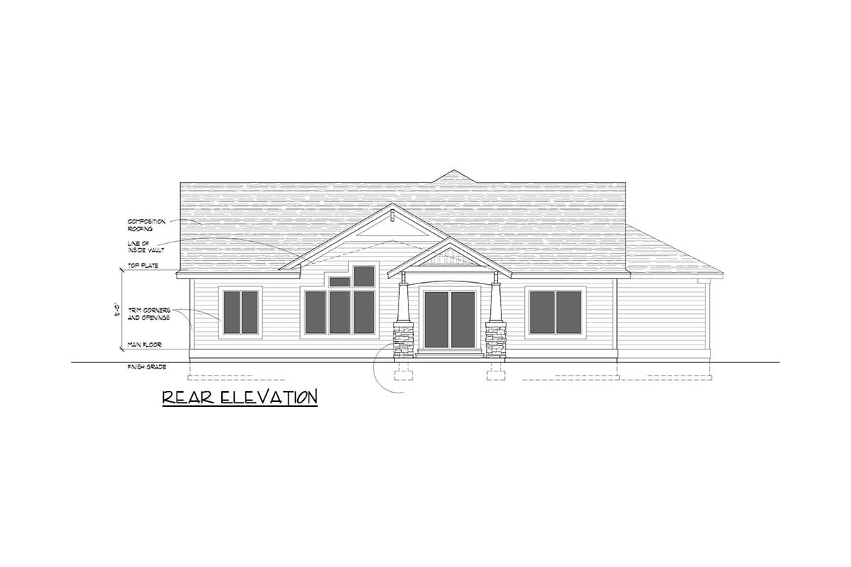 Rear elevation drawing of a single-story house with a gable roof, covered porch, and horizontal siding.