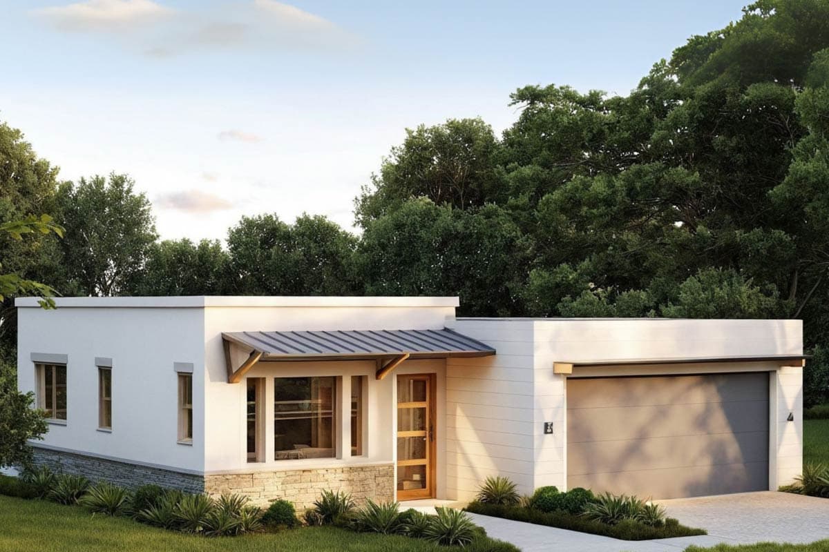 Modern house plan exterior, one story, with flat roof, metal awning over entrance, stone base, and attached garage.