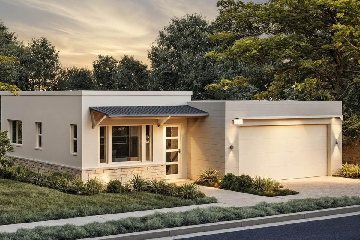 House plan exterior. Modern style, single-story home. Features include a flat roof, cantilevered entry, and attached garage.