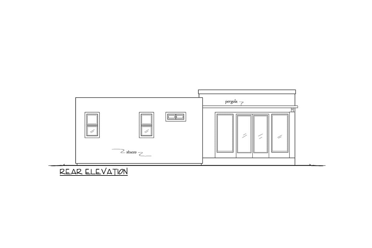 Rear elevation drawing of a house plan with stucco walls, three windows, and a four-panel sliding glass door with a pergola.