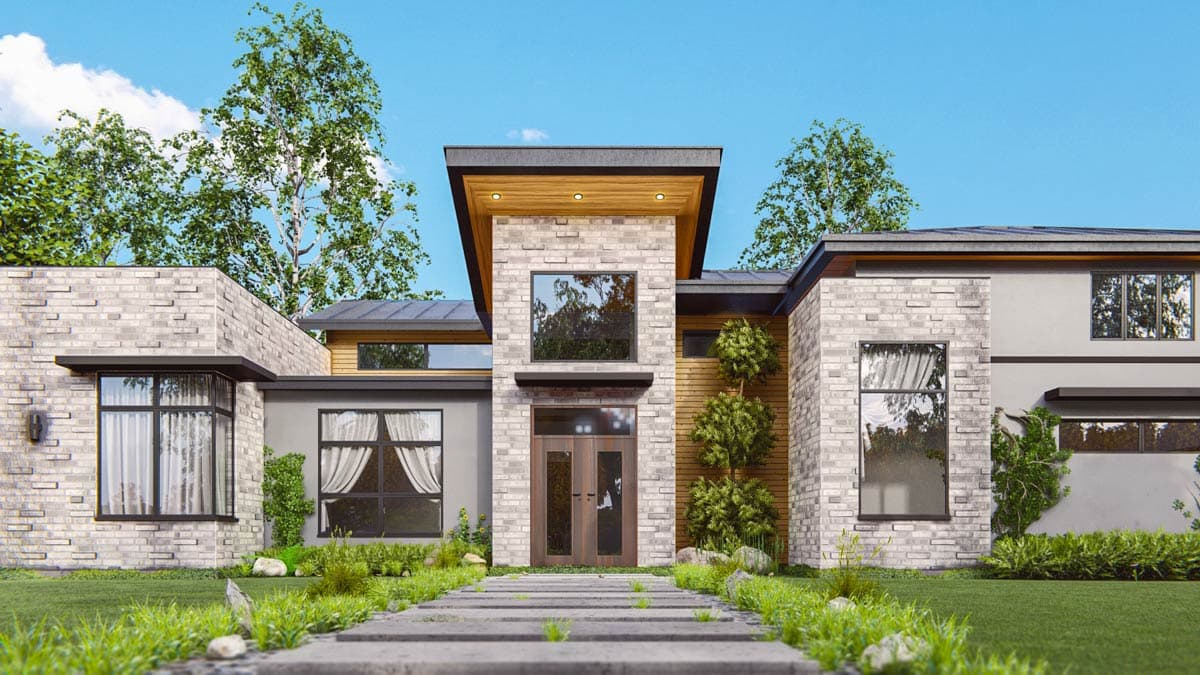 Modern house plan exterior with stone and wood facade, flat rooflines, and large windows.