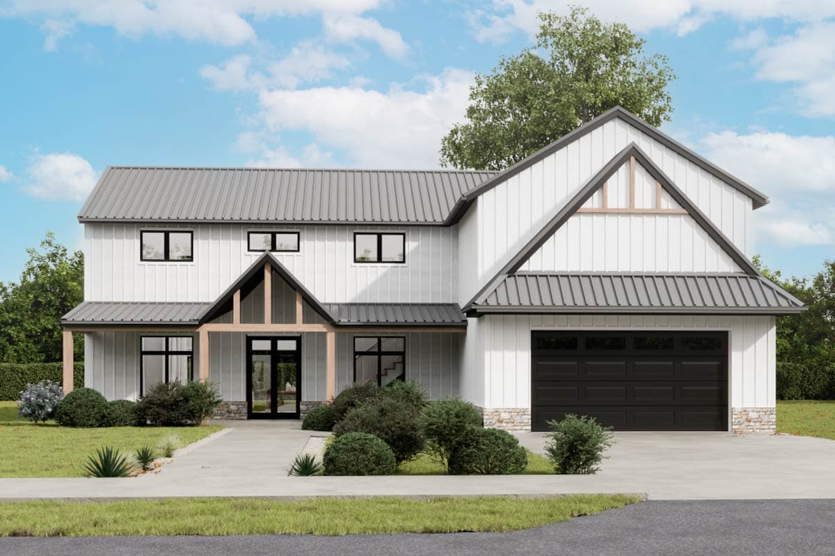 House plan exterior view of a two-story Modern Farmhouse with a metal roof, front porch, and garage with overhead door.