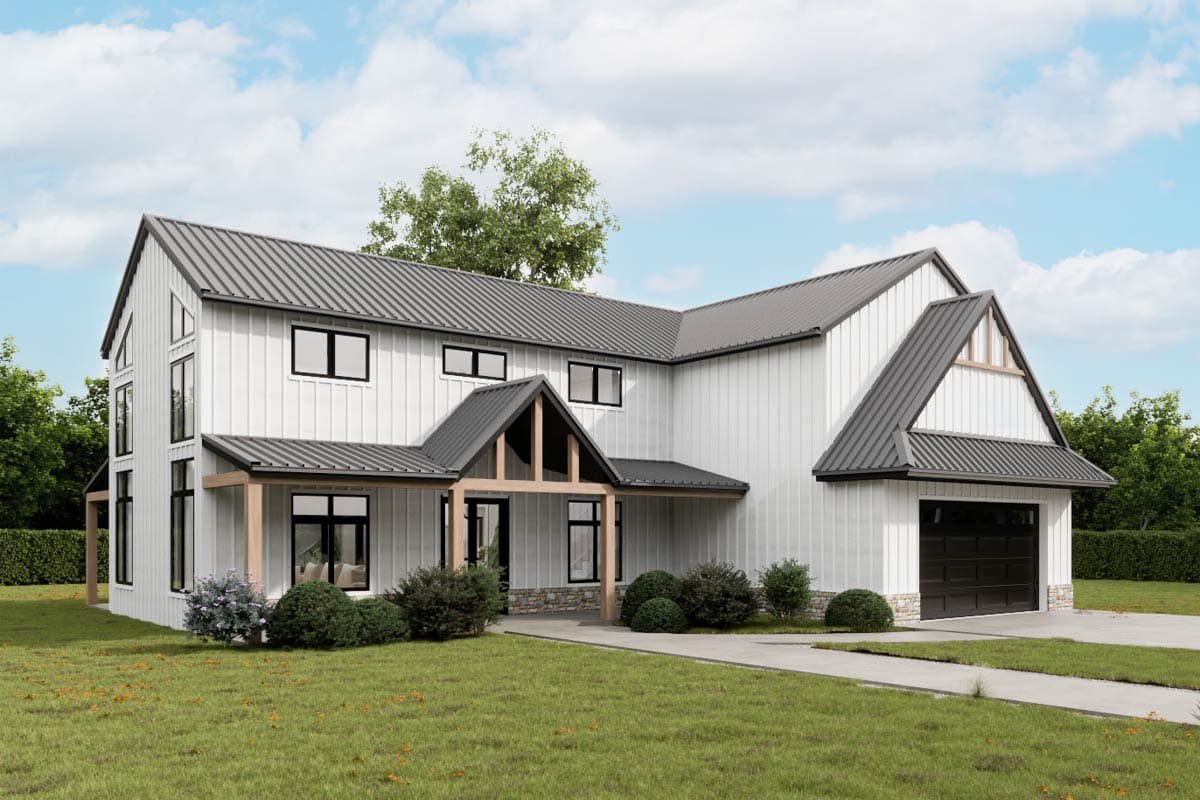 Modern Farmhouse house plan exterior with vertical siding, metal roof, gabled dormer, and attached garage.