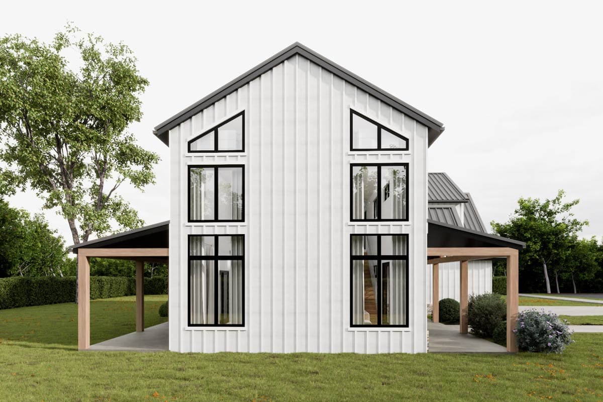 Modern farmhouse house plan exterior with vertical siding, gabled roof, and large windows, including triangular attic windows. Covered porch.