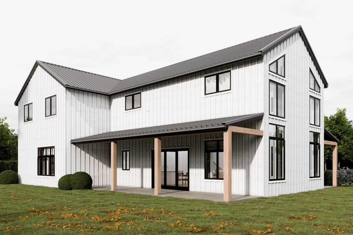 Modern farmhouse house plan exterior with white vertical siding, gabled roof, covered porch, and large windows.