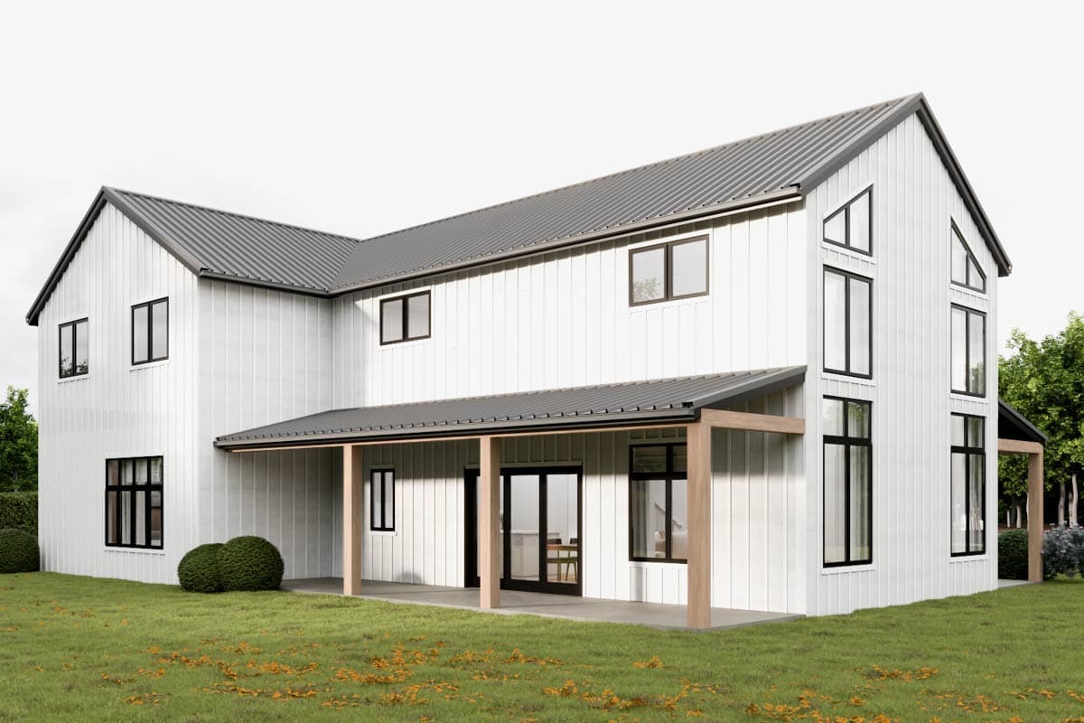 Modern Farmhouse house plan exterior, two stories, white vertical siding, metal roof, covered porch, and gabled dormers.