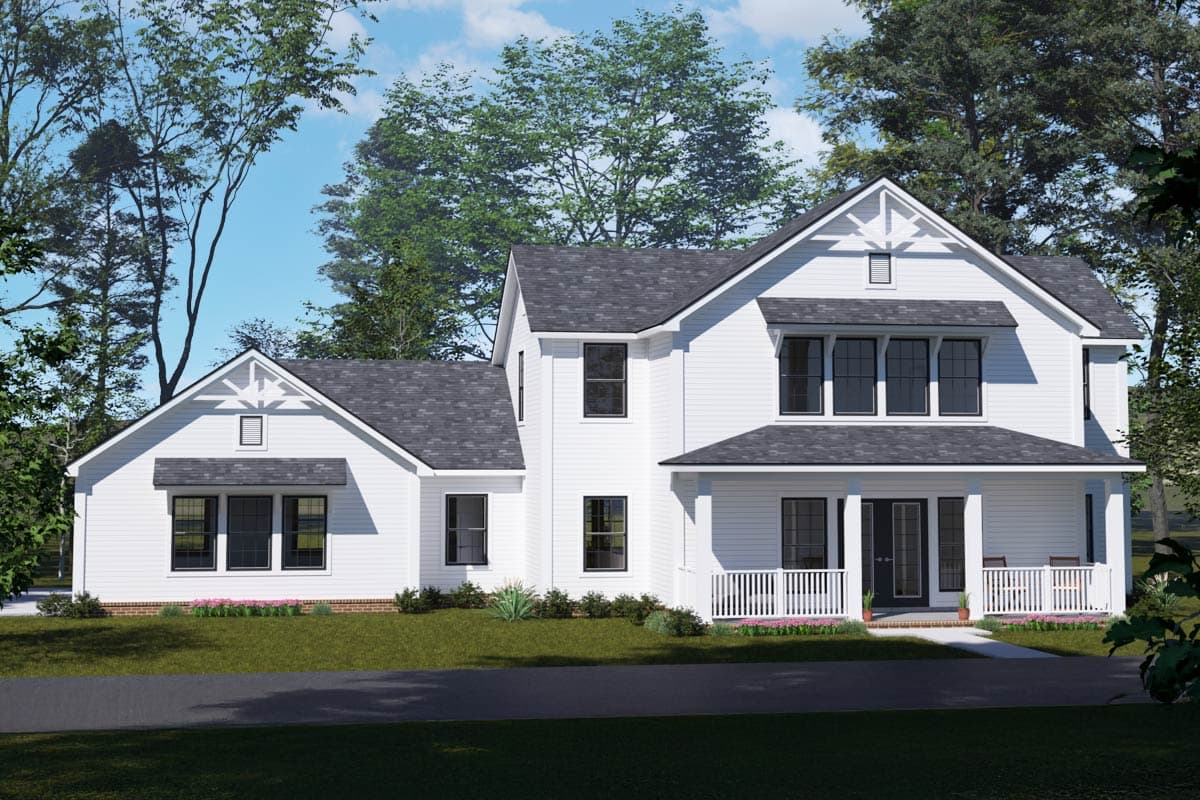 House plan exterior. Two-story Modern Farmhouse with gables, a covered porch, and a dark roof. Features include black window trim and a railed porch.