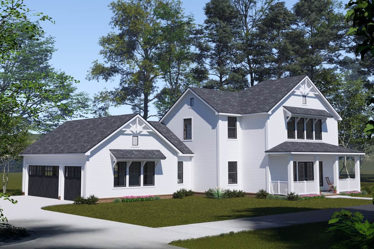 Modern Farmhouse house plan exterior with gables, covered front porch, and attached two-car garage.