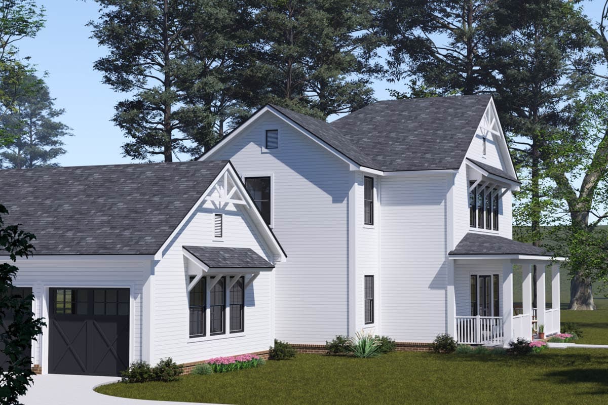Modern Farmhouse house plan exterior with two stories, a gabled dormer, a front porch, and an attached garage.
