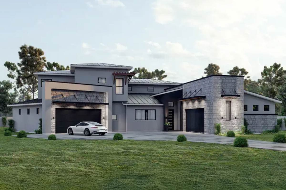 Modern house plan exterior with asymmetric rooflines, stone accents, dual garages, and a prominent front entryway.