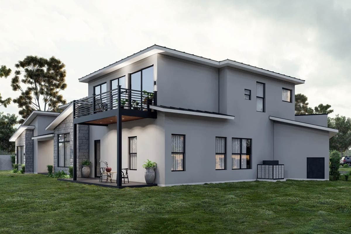 Modern two-story house plan exterior with stone accents, balcony, flat rooflines, and large windows.