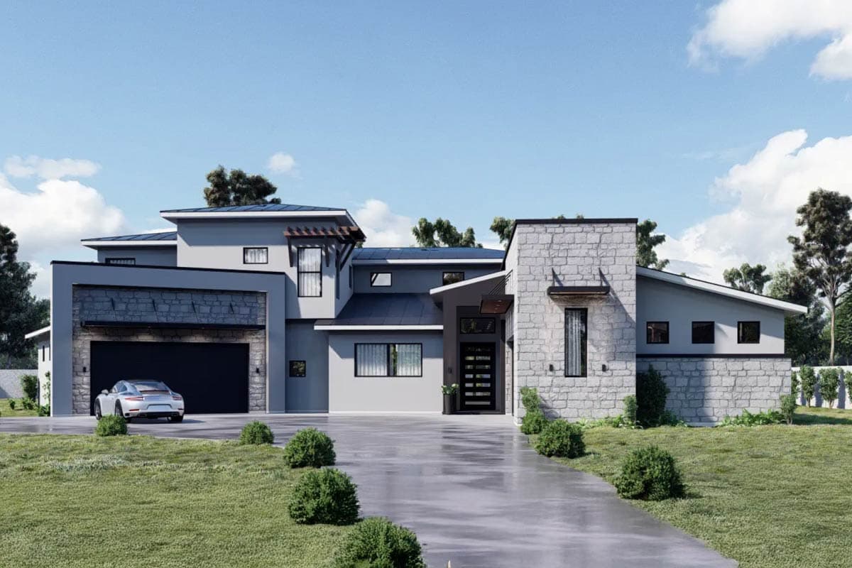 House plan exterior. Modern style, two-story home with a stone facade, flat roof, and attached garage. Driveway leads to the entrance.