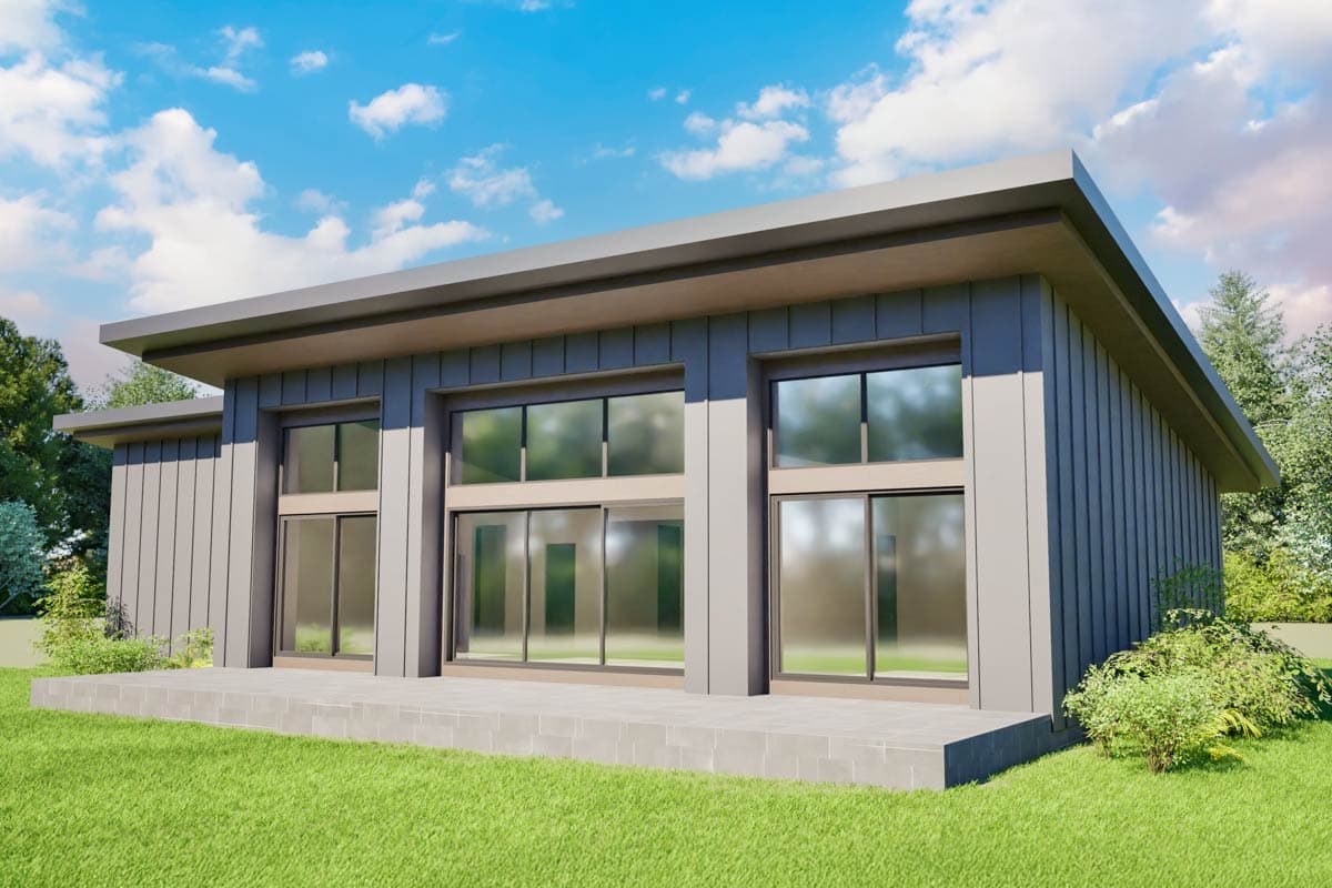 House plan exterior with a flat roof, large windows, and a raised patio. Modern design with vertical siding and minimal overhang.