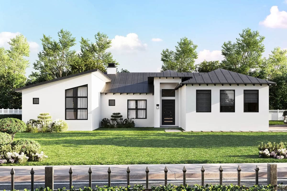 House plan exterior. Modern style with a single story, flat roof, and black trim. Features include a side-entry garage and asymmetrical rooflines.