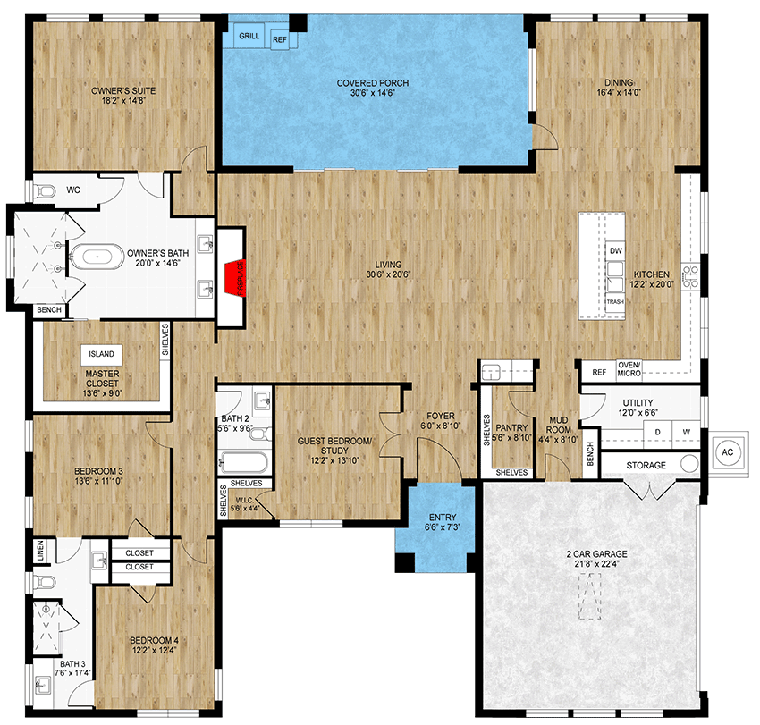 Plan 430138LY: 4-Bedroom Mid Century Modern Ranch House Plan with Outdoor Kitchen - 2980 Sq Ft - Floor Plan - Main Level - Contemporary, Mid Century Modern
