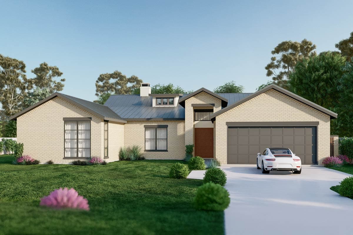 House plan exterior with brick facade, multi-gabled roof, and a two-car garage. Features include dormers and a modern entrance.