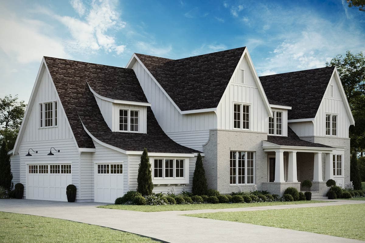 House plan exterior, Modern Farmhouse style, two stories, multiple gables, dormers, front-facing garage, and brick accents.