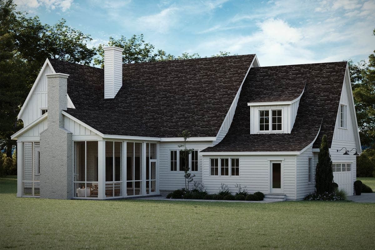House plan exterior: Modern Farmhouse style with gabled roof, screened porch, brick chimney, and dormer.