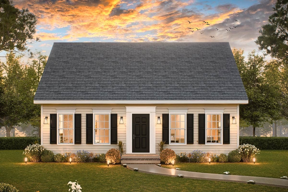 House plan exterior. One-story house with gabled roof, centered entry with shutters, and symmetrical window arrangement.