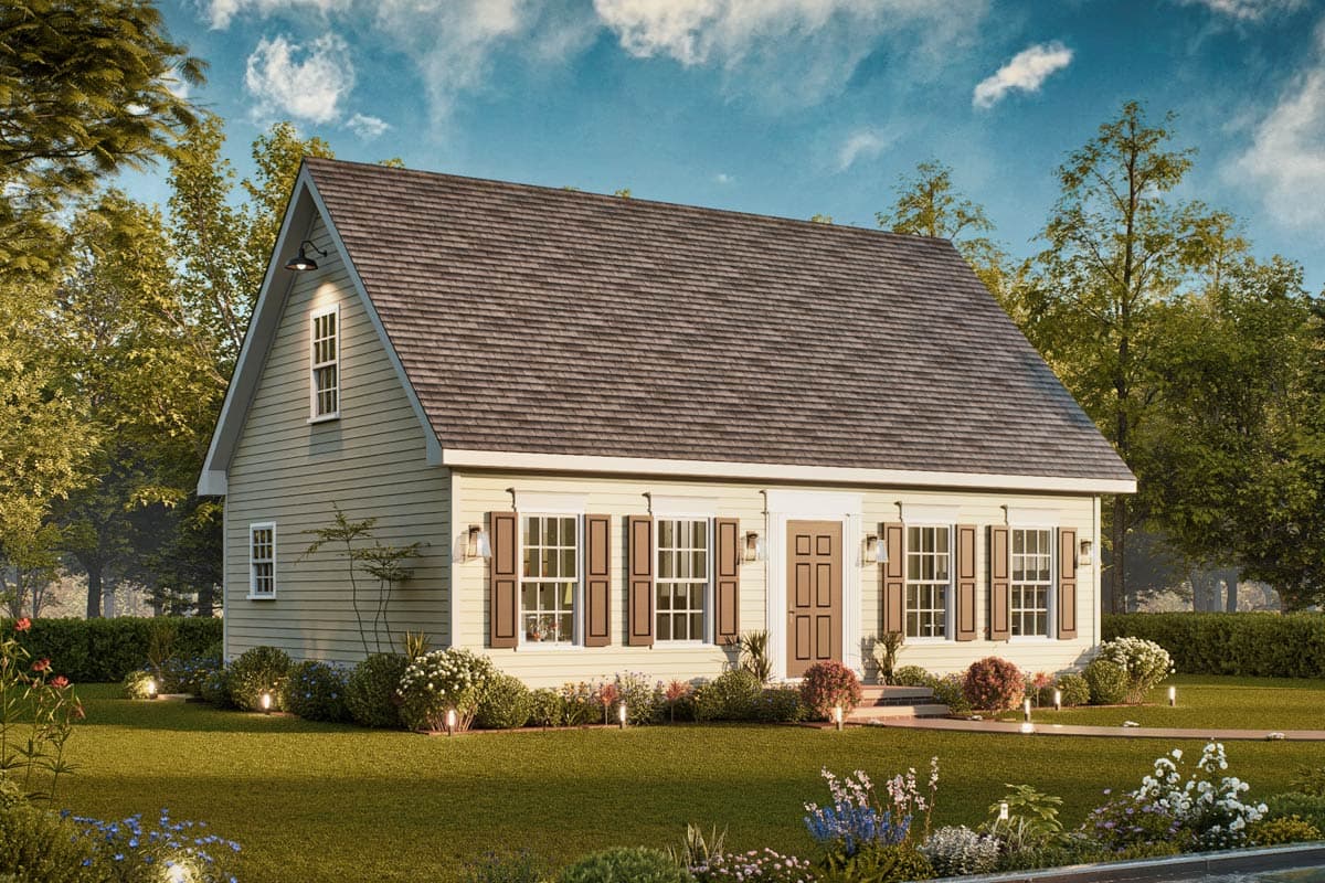 House plan exterior: Single-story home with gabled dormer, symmetrical front windows with shutters, and a central entry.