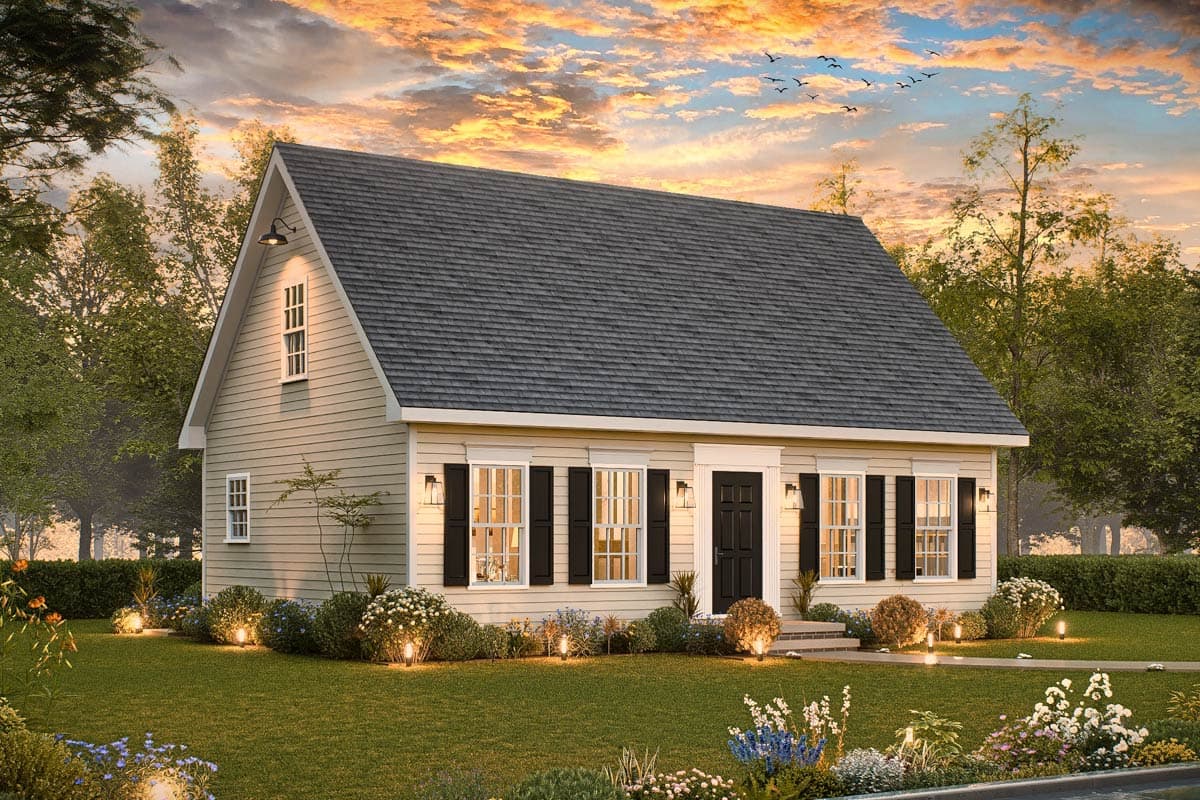 House plan exterior of a one-story cottage with a prominent gable, vinyl siding, shutters, and a dark shingled roof.