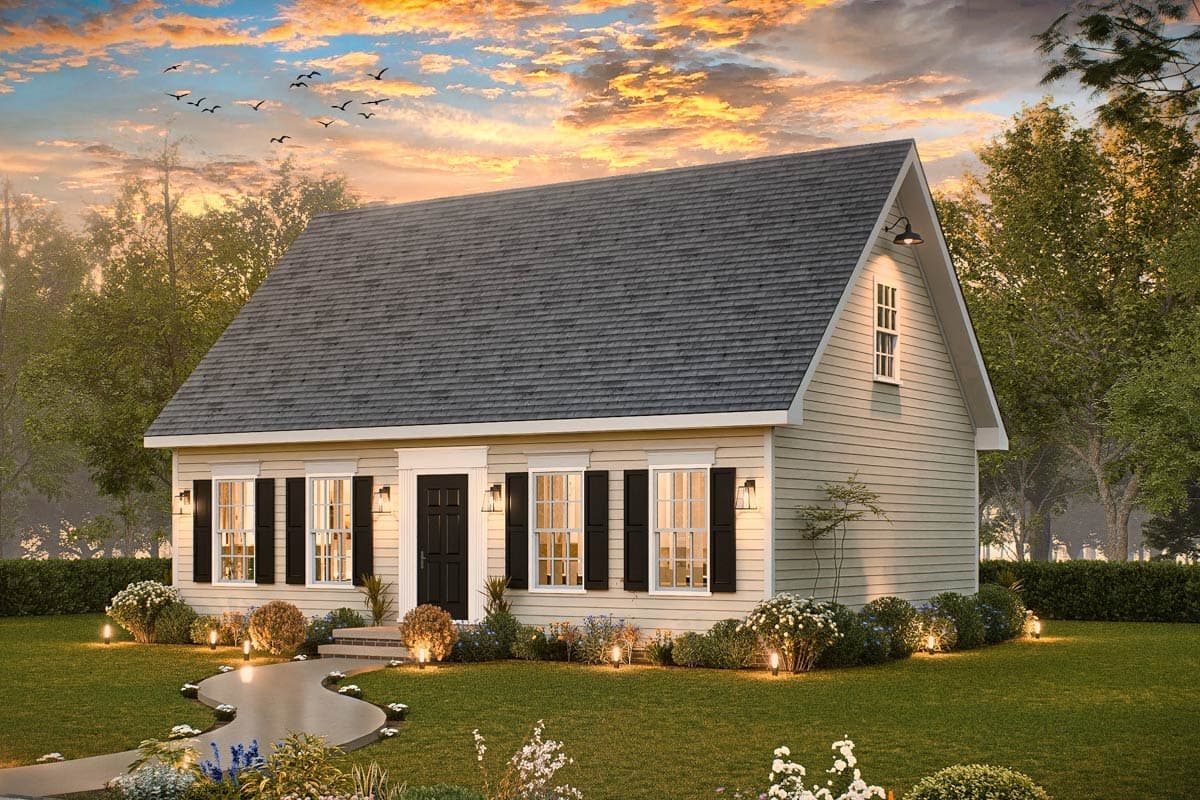 House plan exterior of a two-story Modern Farmhouse with a gabled roof, front entry, and multiple windows with black shutters.