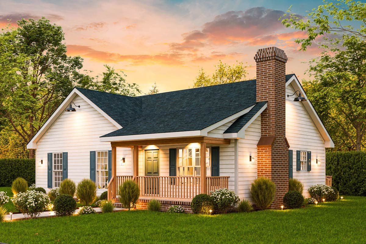 House plan exterior of a one-story cottage with a covered front porch, gabled roof, and brick chimney.