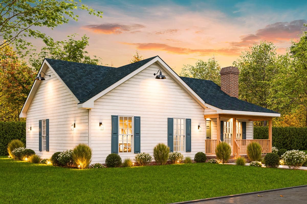 House plan exterior: Gable roof, clapboard siding, central brick chimney, covered front porch with wooden railings, and dormer windows.
