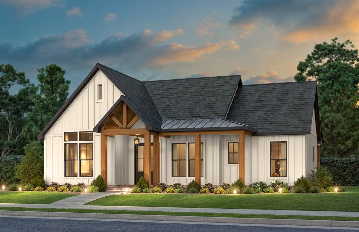 Modern Farmhouse house plan exterior with a covered entry, wood beams, gables, and board-and-batten siding.