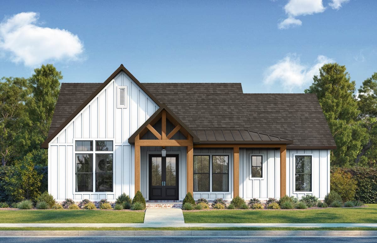 Modern Farmhouse house plan exterior with board and batten siding, prominent gables, and exposed rafter tails over the entry.