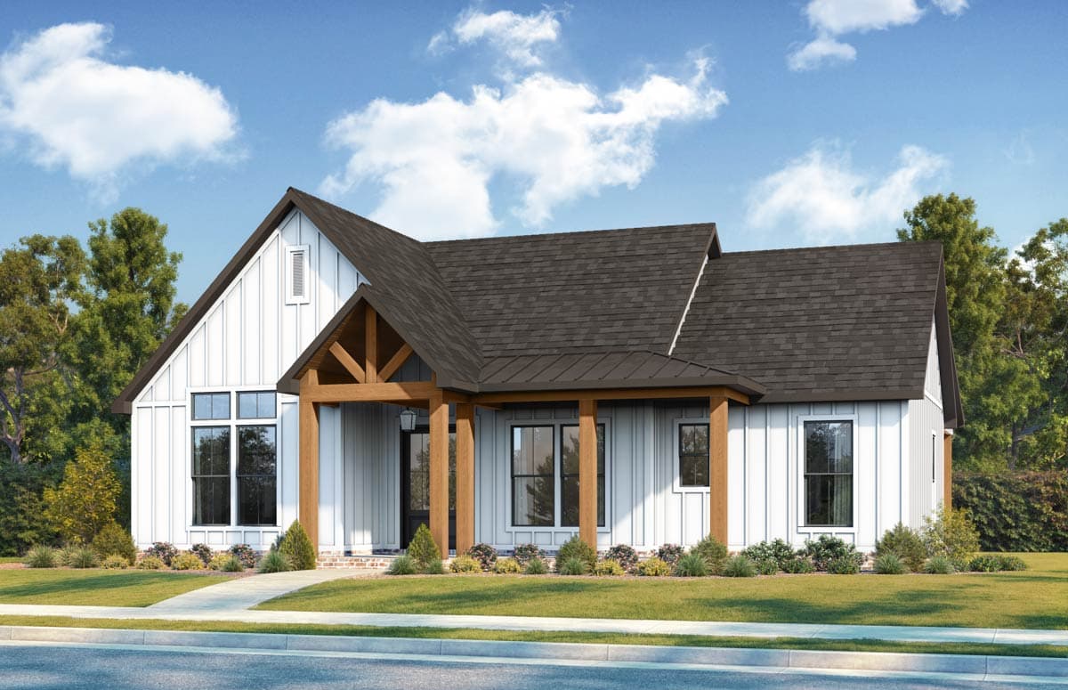 Modern Farmhouse house plan exterior with board and batten siding, prominent gables, and a timber-frame covered entry.