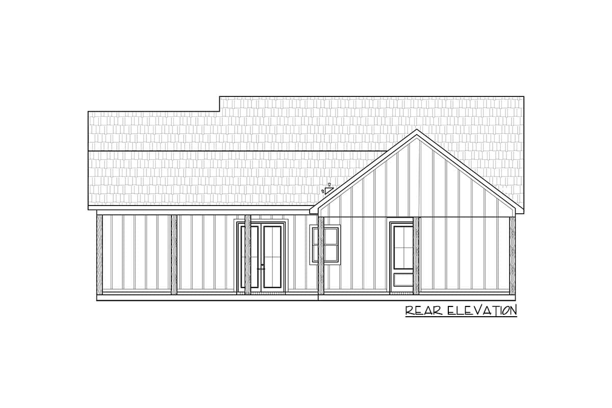 Rear elevation drawing of a house plan with a covered porch, gable, and double doors.