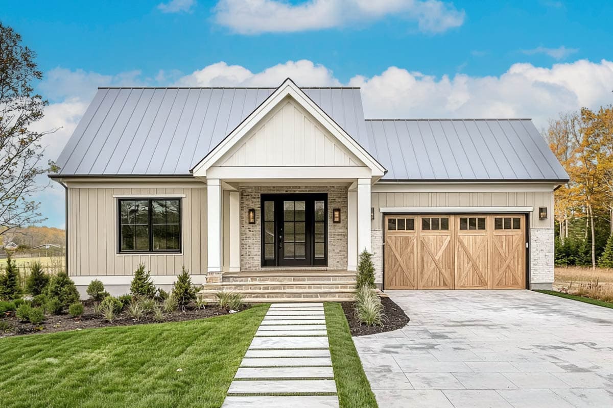 Exterior shot of a modern house with a light gray metal roof, wooden garage doors, and a stone walkway leading to black front doors.