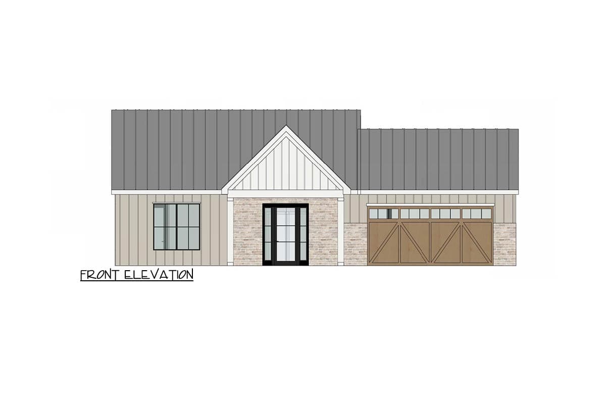 Front elevation of a modern farmhouse-style home with a gray metal roof, brick accents, and a two-car garage with wooden doors.