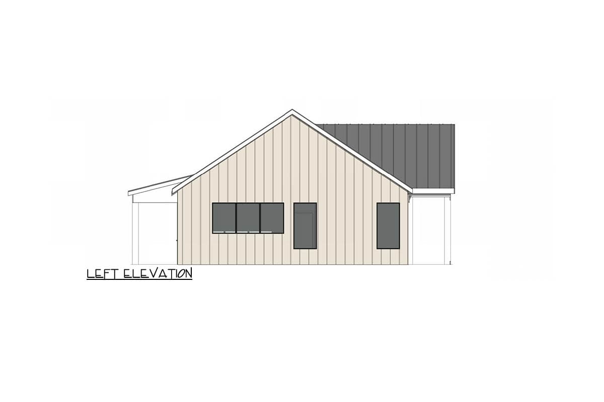 Architectural rendering of a modern home's side elevation. Features include vertical siding, dark windows, a dark gray roof, and a small porch.