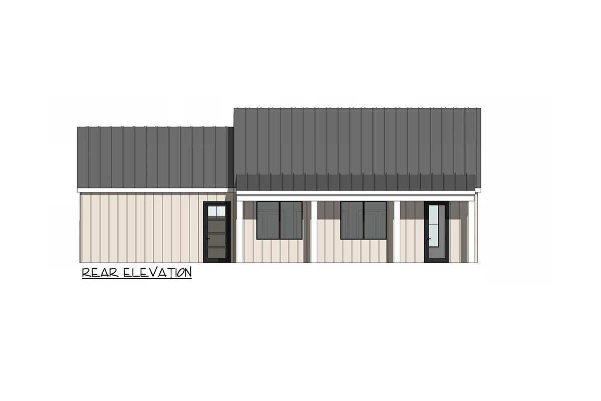 Architectural rendering of the rear elevation of a house with a gray roof and light siding. Includes a door and windows.
